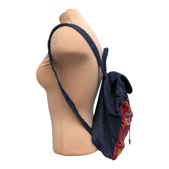 Panama KUNA MOLA Colorful Two Frogs Folk Art Hand Sewn Denim backpack Boho Artsy - Picture 3 of 8